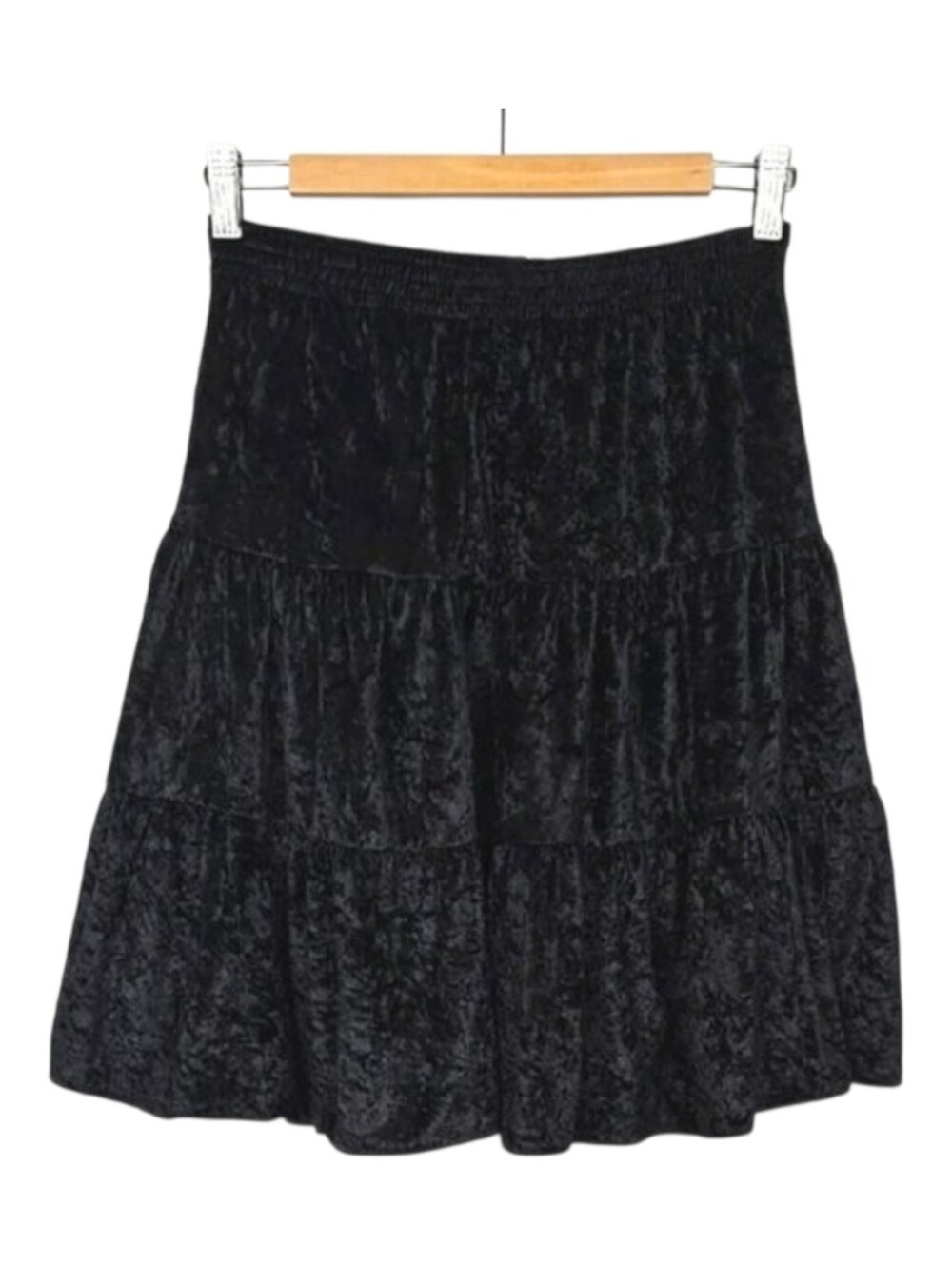 SUGAR KAINE Women's Black Crushed Velvet Tiered A-Line Skirt Stretch Size 14